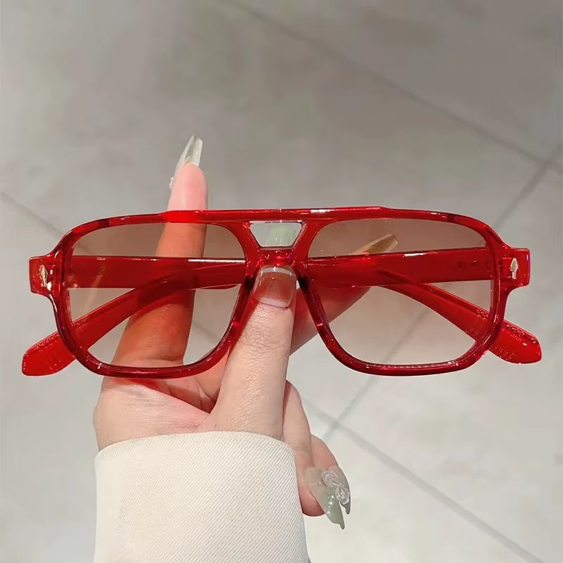 Vintage Double Bridges Men Square Sunglasses Fashion Green Ocean Lens UV400 Eyewear Women Trending Rivets Sun Glasses